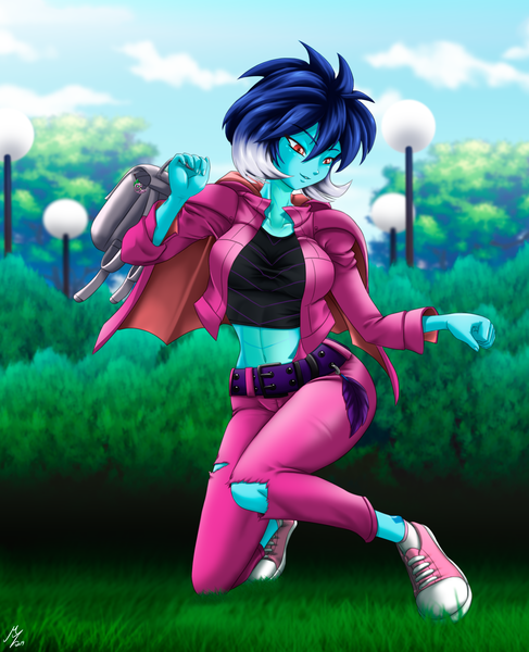 Size: 1746x2152 | Tagged: safe, alternate version, artist:mauroz, derpibooru import, princess ember, spike, human, equestria girls, belly button, clothes, converse, equestria girls-ified, female, hoodie, jacket, leather jacket, midriff, pants, shoes, sneakers, sports bra, tanktop
