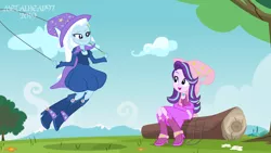 Size: 8000x4500 | Tagged: safe, artist:metalhead97, derpibooru import, starlight glimmer, trixie, equestria girls, barrette, boots, cape, clothes, commission, cute, diatrixes, dress, duo, duo female, fall formal outfits, female, friendship, fun, glimmerbetes, hat, high heel boots, jump rope, jumping, log, looking at each other, matching outfits, mountain, outfit, shoes, show accurate, showing off, skipping rope, smiling, smirk, trixie's cape, trixie's hat