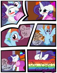 Size: 3500x4500 | Tagged: safe, artist:becauseimpink, derpibooru import, rainbow dash, rarity, pegasus, pony, unicorn, comic:transition, arm behind head, blushing, clothes, comic, crossdressing, dialogue, dress, elusive, embarrassed, eyes closed, hug, male, rainbow, rainbow blitz, raised hoof, rule 63, stallion, transgender, unshorn fetlocks