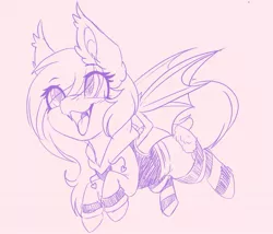 Size: 1159x991 | Tagged: safe, artist:red_moonwolf, derpibooru import, oc, oc:lilac lily, unofficial characters only, bat pony, pony, bat pony oc, bat wings, clothes, fangs, female, lineart, mare, smiling, socks, solo, striped socks, wings