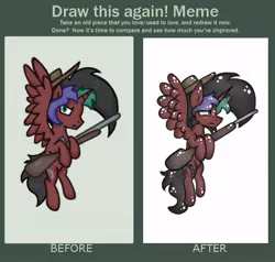Size: 600x570 | Tagged: safe, artist:hunterthewastelander, derpibooru import, oc, oc:rimfire cazador, unofficial characters only, alicorn, pony, alicorn oc, comparison, draw this again, flying, gun, hat, horn, male, redraw, rifle, solo, stallion, weapon, wings
