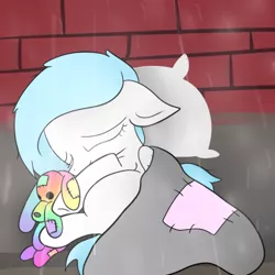 Size: 500x500 | Tagged: safe, artist:wisheslotus, derpibooru import, oc, oc:wishes, unofficial characters only, pegasus, pony, blanket, eyes closed, female, homeless, mare, pegasus oc, pillow, plushie, rain, sleeping, solo, wings