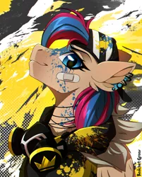 Size: 1000x1246 | Tagged: safe, artist:redchetgreen, derpibooru import, part of a set, oc, oc:oculus rift, unofficial characters only, pegasus, pony, blot, clothes, hoodie, paint splatter, piercing, solo