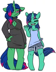 Size: 2484x3196 | Tagged: safe, artist:sexygoatgod, derpibooru import, oc, oc:aconite, oc:kasumi, unofficial characters only, anthro, unguligrade anthro, unicorn, clothes, duo, eyes closed, female, femboy, horn, male, pants, shirt, simple background, sleeveless, sleeveless shirt, smiling, unicorn oc, waving, white background