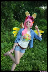 Size: 3456x5184 | Tagged: absurd file size, absurd resolution, artist:krazykari, clothes, cosplay, costume, derpibooru import, fluttershy, human, irl, irl human, pegasus, photo, pony ears, safe, shirt, shorts, solo