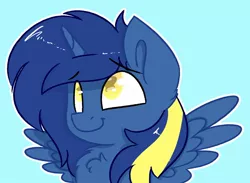 Size: 1024x748 | Tagged: safe, artist:northwindsmlp, derpibooru import, oc, oc:noteworthy, unofficial characters only, alicorn, pony, blue background, bust, chest fluff, portrait, simple background, solo