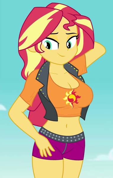 Size: 910x1430 | Tagged: safe, derpibooru import, edit, edited screencap, editor:ah96, screencap, sunset shimmer, equestria girls, equestria girls series, forgotten friendship, arm behind head, belly button, big breasts, breast edit, breasts, busty sunset shimmer, cleavage, clothes, cropped, female, lidded eyes, midriff, solo, vest