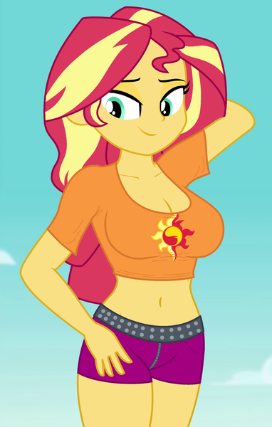 Size: 910x1430 | Tagged: safe, derpibooru import, edit, edited screencap, editor:ah96, screencap, sunset shimmer, equestria girls, equestria girls series, forgotten friendship, arm behind head, belly button, big breasts, breast edit, breasts, busty sunset shimmer, cleavage, cropped, female, lidded eyes, midriff, sexy, solo, thighs