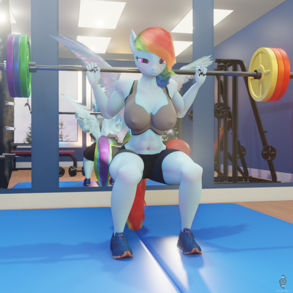 Size: 3840x3840 | Tagged: 3d, abs, alternate version, anthro, artist:bckiwi, blender, blushing, breasts, clothes, derpibooru import, erect nipples, exercise, female, gym, gym shorts, nipple outline, not sfm, nsfworkout, pegasus, plantigrade anthro, questionable, rainbow dash, solo, solo female, squatting, sweat, tanktop, weight lifting