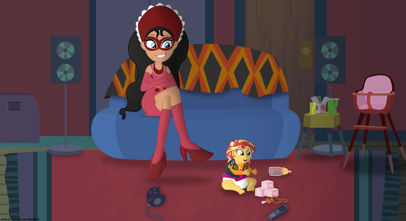 Size: 11000x6000 | Tagged: suggestive, artist:gamerpen, derpibooru import, sunset shimmer, oc, oc:paddeia, equestria girls, age regression, baby, baby bottle, babyset shimmer, diaper, diaper fetish, equestria girls-ified, fetish, geode of empathy, highchair, magical geodes, pacifier