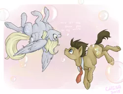 Size: 2615x1988 | Tagged: safe, artist:cheshchesh, derpibooru import, derpy hooves, doctor whooves, time turner, pegasus, pony, bubble, dialogue, ear fluff, eye contact, female, floating, fluffy, looking at each other, mare, necktie, smiling, spread wings, underhoof, unshorn fetlocks, upside down, wings