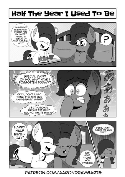 Size: 1187x1678 | Tagged: safe, artist:aarondrawsarts, derpibooru import, oc, oc:brain teaser, oc:rose bloom, unofficial characters only, earth pony, pony, bed, black and white, blushing, brainbloom, breakfast, breakfast in bed, comic, female, food, grayscale, japanese, male, manga, monochrome, nuzzling, oc x oc, pancakes, panicking, shipping, simpsons did it, straight, the simpsons