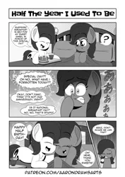 Size: 1187x1678 | Tagged: safe, artist:aarondrawsarts, derpibooru import, oc, oc:brain teaser, oc:rose bloom, unofficial characters only, earth pony, pony, bed, black and white, blushing, brainbloom, breakfast, breakfast in bed, comic, female, food, grayscale, japanese, male, manga, monochrome, nuzzling, oc x oc, pancakes, panicking, shipping, simpsons did it, straight, the simpsons