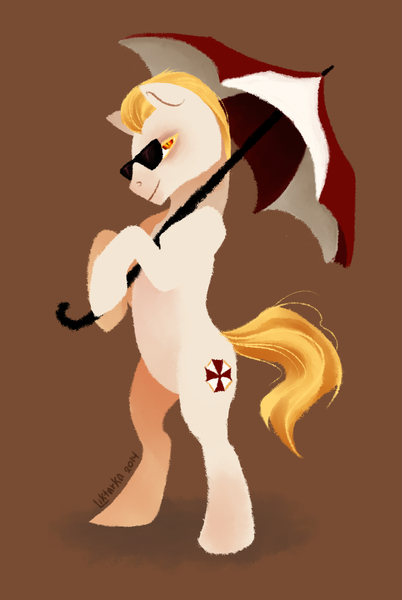 Size: 683x1020 | Tagged: safe, artist:liktarka, derpibooru import, ponified, pony, albert wesker, resident evil, sunglasses, umbrella