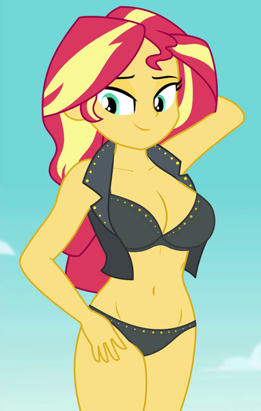 Size: 910x1430 | Tagged: suggestive, derpibooru import, edit, edited screencap, editor:ah96, screencap, sunset shimmer, equestria girls, equestria girls series, forgotten friendship, arm behind head, bedroom eyes, belly button, big breasts, black underwear, bra, breast edit, breasts, busty sunset shimmer, cleavage, clothes, cropped, female, lidded eyes, panties, sexy, solo, stupid sexy sunset shimmer, underwear, underwear edit, vest