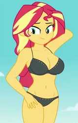 Size: 910x1430 | Tagged: suggestive, derpibooru import, edit, edited screencap, editor:ah96, screencap, sunset shimmer, equestria girls, equestria girls series, forgotten friendship, arm behind head, bedroom eyes, belly button, big breasts, black underwear, bra, breast edit, breasts, busty sunset shimmer, cleavage, clothes, cropped, female, lidded eyes, panties, sexy, solo, solo female, stupid sexy sunset shimmer, underwear, underwear edit