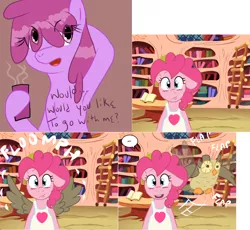 Size: 1516x1394 | Tagged: safe, artist:pippy, artist:sober-berry-punch, derpibooru import, berry punch, berryshine, owlowiscious, pinkie pie, pony, pinkiepieskitchen, apron, armpits, berrypie, clothes, coffee mug, comic, female, lesbian, mug, shipping, spread wings, wingboner, wings