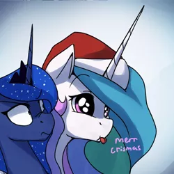 Size: 1200x1199 | Tagged: safe, artist:anticular, derpibooru import, edit, princess celestia, princess luna, alicorn, pony, ask sunshine and moonbeams, :p, :t, angry, christmas, comic, confused, cropped, cute, cutelestia, derp, derplestia, dilated pupils, duo, eye shimmer, female, frown, hat, holiday, it chrismas, lidded eyes, luna is not amused, majestic as fuck, mare, nose wrinkle, raspberry, royal sisters, santa hat, scrunchy face, shrunken pupils, sillestia, silly, text, this will end in pain, tongue out, unamused, wide eyes