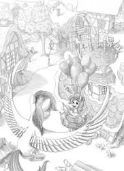 Size: 3000x4125 | Tagged: safe, artist:fynjy-87, derpibooru import, blossomforth, cloud kicker, pinkie pie, rainbow dash, pegasus, pony, fanfic:the life and times of a winning pony, black and white, commission, fanfic art, grayscale, high res, illustration, monochrome, ponyville, sugarcube corner