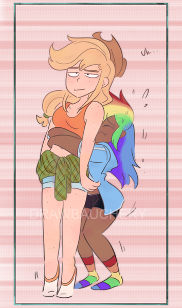 Size: 442x750 | Tagged: source needed, safe, artist:drawbauchery, derpibooru import, applejack, rainbow dash, human, appledash, clothes, cowboy hat, female, hat, hug, humanized, lesbian, rainbow socks, shipping, socks, striped socks