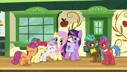 Size: 1920x1080 | Tagged: safe, derpibooru import, screencap, apple bloom, biscuit, bloofy, fluttershy, scootaloo, spur, sweetie belle, twilight sparkle, twilight sparkle (alicorn), alicorn, pony, whirling mungtooth, growing up is hard to do, box, cutie mark crusaders