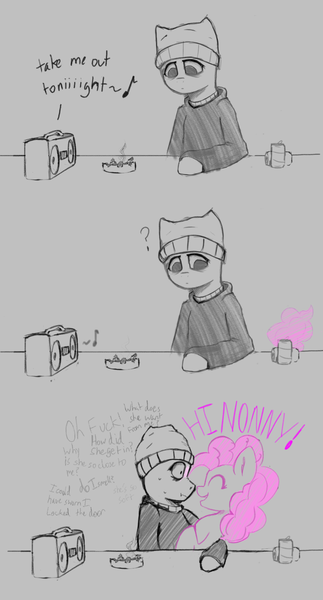 Size: 1143x2126 | Tagged: safe, artist:owlnon, derpibooru import, pinkie pie, oc, oc:anon, earth pony, pony, semi-anthro, /mlp/, 4chan, ashtray, bags under eyes, beanie, boombox, cigarette, clothes, comic, dialogue, doomer, hat, hoodie, music notes, partial color, question mark, scrunchy face, smiling, soda can