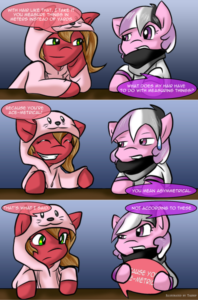 Size: 1280x1940 | Tagged: safe, artist:tailzkip, derpibooru import, oc, oc:ace, oc:pun, pony, ask pun, ask, clothes, costume, fourth wall, kigurumi, pride, pun