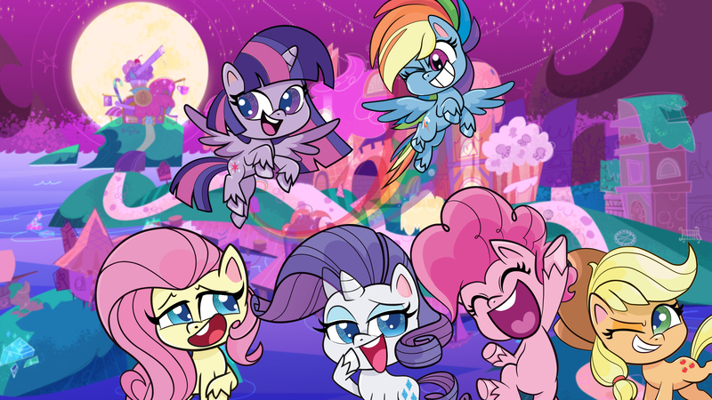 Size: 2400x1350 | Tagged: safe, derpibooru import, official, screencap, applejack, fluttershy, pinkie pie, rainbow dash, rarity, spike, twilight sparkle, twilight sparkle (alicorn), alicorn, earth pony, pegasus, pony, unicorn, my little pony: pony life, backwards cutie mark, caption, eyes closed, female, looking at you, mane six, mare, one eye closed, photo, pony history, sugar packet place, wink