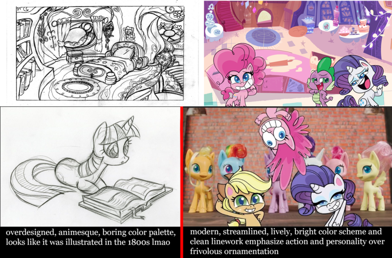 Size: 1188x783 | Tagged: safe, artist:lauren faust, derpibooru import, edit, edited screencap, screencap, applejack, pinkie pie, rarity, spike, twilight sparkle, twilight sparkle (alicorn), alicorn, dragon, earth pony, pegasus, pony, unicorn, my little pony: pony life, book, comparison, female, g4, golden oaks library, looking at you, mare, op is trying too hard, sketch, unicorn twilight