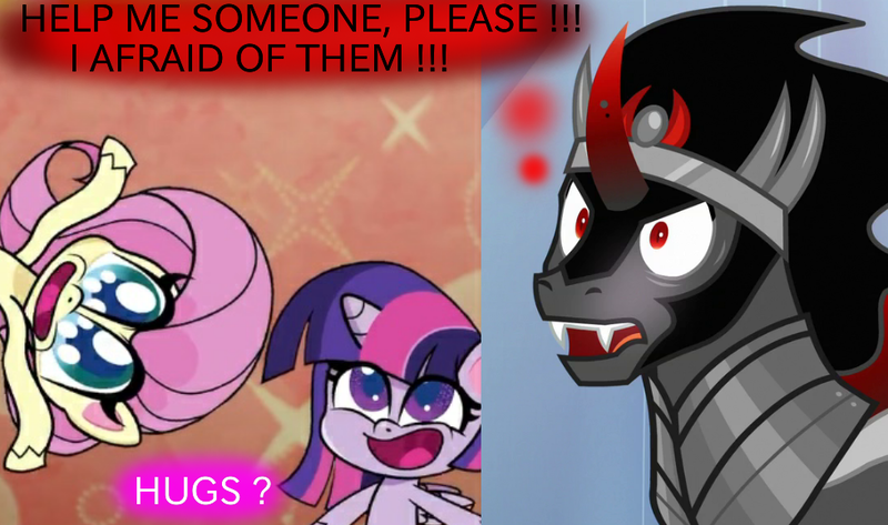 Size: 980x580 | Tagged: safe, derpibooru import, edit, edited screencap, screencap, fluttershy, king sombra, twilight sparkle, twilight sparkle (alicorn), alicorn, pony, my little pony: pony life, cute, evil, female, g4, mare, scared, sombradorable