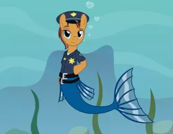 Size: 2883x2227 | Tagged: safe, artist:badumsquish, derpibooru import, oc, ponified, unofficial characters only, merpony, pony, badge, belt, bubble, clothes, fins, hat, heart, hoof on hip, looking at you, majestic as fuck, male, ocean, officer pike, police, police badge, police hat, police officer, police uniform, raised eyebrow, seaweed, seductive, shirt, smiling, smirk, solo, stallion, swimming, underwater