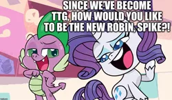 Size: 1218x705 | Tagged: safe, derpibooru import, edit, edited screencap, editor:useraccount, screencap, rarity, spike, pony, unicorn, my little pony: pony life, abuse, imminent abuse, imminent spikeabuse, implied spikeabuse, robin, spikeabuse, teen titans go