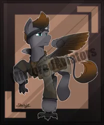 Size: 2500x3000 | Tagged: artist:starlight, clothes, commission, concerned, derpibooru import, doctor, eye mirror, fallout equestria, griffon wings, hippogriff, lab coat, leg lifted, leg raise, male, obtrusive watermark, oc, oc:ragnar, safe, simple background, talons, travelling, two-tone coat, two toned mane, two toned tail, two toned wings, watermark, wings