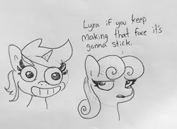 Size: 1346x978 | Tagged: safe, artist:tjpones, derpibooru import, bon bon, lyra heartstrings, sweetie drops, pony, my little pony: pony life, bust, calarts, duo, faic, grinning potato, l.u.l.s., monochrome, sketch, thin-line style, traditional art