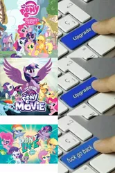 Size: 596x896 | Tagged: safe, derpibooru import, applejack, fluttershy, pinkie pie, rainbow dash, rarity, spike, twilight sparkle, twilight sparkle (alicorn), alicorn, dragon, earth pony, pegasus, pony, unicorn, my little pony: pony life, my little pony: the movie, cowboy hat, drama, female, g4, hat, male, mane seven, mane six, mare, meme, pony life drama, upgrade meme, vulgar