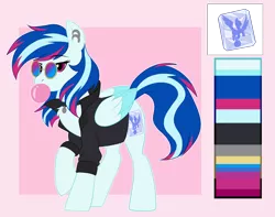 Size: 3500x2754 | Tagged: safe, artist:xwhitedreamsx, derpibooru import, oc, oc:paperweight, pegasus, pony, bubblegum, clothes, female, food, gum, jacket, mare, reference sheet, solo, sunglasses