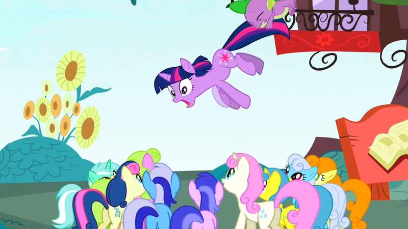 Size: 1280x720 | Tagged: safe, derpibooru import, screencap, bon bon, carrot top, daisy, flower wishes, golden harvest, lemon hearts, linky, lyra heartstrings, minuette, sea swirl, seafoam, shoeshine, spike, sweetie drops, twilight sparkle, twinkleshine, dragon, earth pony, pony, unicorn, the ticket master, female, golden oaks library, mare, ponyville, unicorn twilight