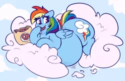 Size: 2274x1473 | Tagged: safe, artist:graphenescloset, derpibooru import, rainbow dash, pegasus, adorafatty, belly, big belly, cloud, cute, dashabetes, eating, fat, female, floppy ears, food, mare, morbidly obese, obese, pretzel, rainblob dash, solo, this will not end well, weight gain