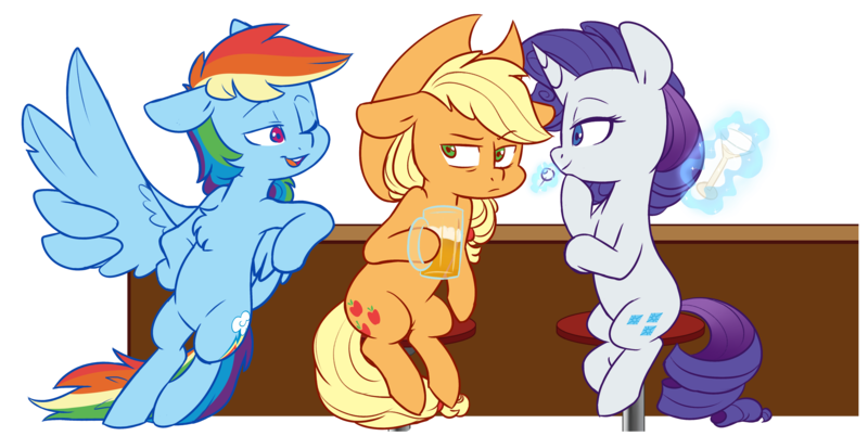 Size: 4368x2195 | Tagged: safe, artist:chub-wub, derpibooru import, applejack, rainbow dash, rarity, earth pony, pegasus, pony, unicorn, bar, barstool, chest fluff, female, high res, implied appledash, implied group sex, implied lesbian, implied raridash, implied sex, implied shipping, implied threesome, lesbian, levitation, magic, martini glass, mug, olive, one eye closed, rarijack, shipping, simple background, telekinesis, transparent background, wing hands, wings, wink