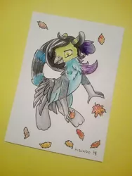 Size: 957x1271 | Tagged: safe, artist:hirundoarvensis, derpibooru import, oc, oc:lempi, ponified, gryphon, pony, art trade, autumn, cat tail, leaves, solo, talons, traditional art, watercolor painting, wings, wings on hips