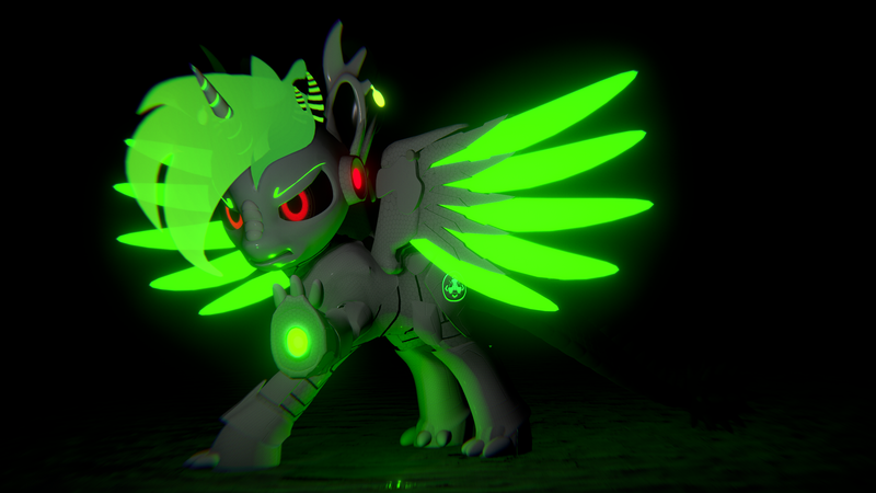 Size: 3840x2160 | Tagged: safe, artist:phoenixtm, derpibooru import, oc, oc:phoenix timberdash, cyborg, dracony, dragon, hybrid, original species, pony, 3d, angry, battle stance, dracony alicorn, energy weapon, ethereal mane, spread wings, timber dracony, unity (game engine), weapon, wings