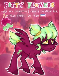 Size: 1308x1680 | Tagged: safe, artist:yojohcookie, derpibooru import, oc, unofficial characters only, pegasus, pony, cute, female, floppy ears, flower, green, green hair, mare, original art, pink, ponytail, red, sad face, shy, solo, unshorn fetlocks