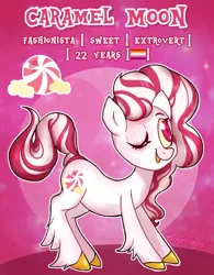 Size: 1308x1680 | Tagged: safe, artist:yojohcookie, derpibooru import, caramel, oc, earth pony, pony, cute, design, female, funny, lesbian, moon, pink, red, solo, white
