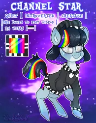 Size: 1308x1680 | Tagged: safe, artist:yojohcookie, derpibooru import, oc, earth pony, pony, asexual, blind, blue, female, mare, movie, rainbow, reference sheet, solo, stars, television, tsundere