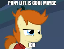 Size: 488x375 | Tagged: safe, artist:otterlore, derpibooru import, edit, ponified, earth pony, pony, my little pony: pony life, caption, clothes, exploitable meme, futurama, image macro, lesser of two evils, male, meme, not sure if, philip j. fry, ponified meme, shirt, solo, text