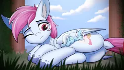 Size: 4096x2304 | Tagged: safe, artist:crash9902, derpibooru import, oc, oc:eula phi, oc:evening skies, unofficial characters only, pegasus, unicorn, butt, cutie mark, dock, ear fluff, female, licking, looking back, lying on top of someone, macro, macro/micro, mare, micro, one eye closed, plot, size difference, tongue out