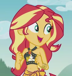 Size: 1021x1080 | Tagged: safe, derpibooru import, screencap, sunset shimmer, equestria girls, equestria girls series, unsolved selfie mysteries, beautiful, belly button, bikini, bikini babe, bracelet, clothes, cropped, cute, female, geode of empathy, happy, jewelry, magical geodes, midriff, sarong, shimmerbetes, sleeveless, smiling, solo, swimsuit