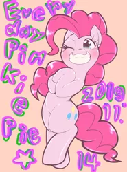 Size: 1536x2079 | Tagged: safe, artist:kurogewapony, derpibooru import, pinkie pie, earth pony, pony, bipedal, cute, diapinkes, female, mare, one eye closed, pink background, simple background, smiling, solo, stars, wink