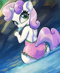 Size: 699x844 | Tagged: safe, artist:raikoh, derpibooru import, sweetie belle, anthro, unicorn, ass, bicolor swimsuit, butt, buttcheeks, clothes, cute, eating, eyelashes, female, food, frilled swimsuit, green eyes, horn, image, jpeg, looking back, one-piece swimsuit, open-back swimsuit, pink swimsuit, plot, popsicle, sitting, solo, stupid sexy sweetie belle, sweetie butt, swimsuit, the ass was fat, water, white coat, white fur, wide hips