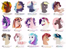 Size: 1032x774 | Tagged: safe, artist:cascayd, derpibooru import, oc, unofficial characters only, earth pony, pegasus, pony, unicorn, adoptable, beard, braces, bust, dappled, facial hair, female, for sale, freckles, glasses, hair over eyes, magical lesbian spawn, male, mare, offspring, one eye closed, parent:applejack, parent:cheese sandwich, parent:coloratura, parent:derpy hooves, parent:doctor whooves, parent:double diamond, parent:fluttershy, parent:maud pie, parent:mud briar, parent:pinkie pie, parent:princess celestia, parent:princess luna, parent:rainbow dash, parent:sunburst, parent:sunset shimmer, parent:troubleshoes clyde, parent:twilight sparkle, parents:cheesepie, parents:dashlestia, parents:derpydash, parents:doctorderpy, parents:doubleshy, parents:flutterdash, parents:lunaburst, parents:lunajack, parents:lunashy, parents:maudbriar, parents:rarajack, parents:sunsestia, parents:troubledash, parents:troubleshy, parents:twiluna, scar, shipping, simple background, stallion, tongue out, white background, wink